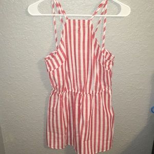 Vertical Coral and White striped Romper